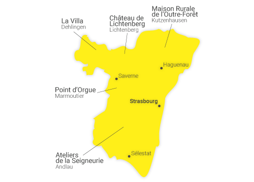 Carte du réseau des CIP du Bas-Rhin, comptant cinq structures qui traitent du patrimoine Alsacien