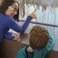 Deux enfants dans l'exposition du CIP La Villa, musée d'archéologie à Dehlingen, la jeune fille présente le blé, céréale cultivée à l'époque Gallo-Romaine